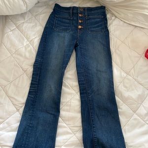 Jcrew bootcut dark jeans with front pockets and gold buttons